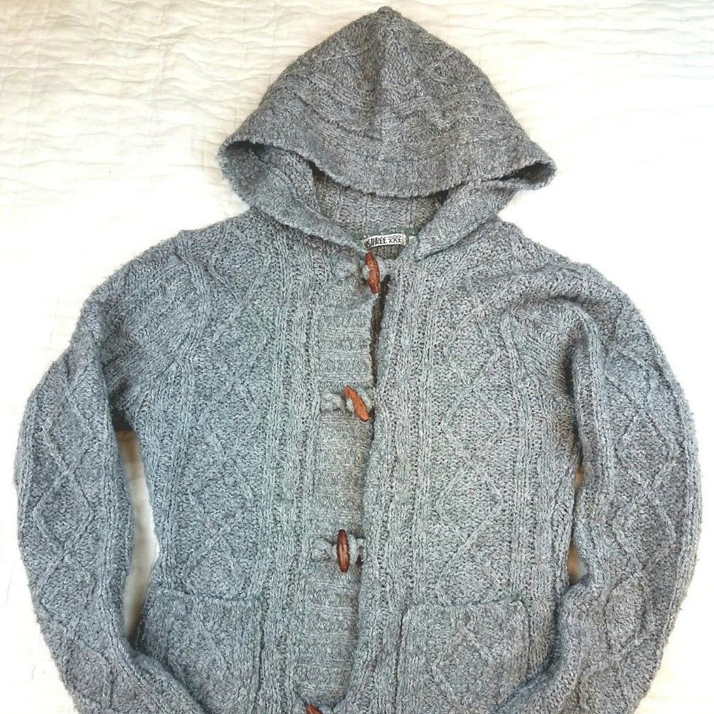 Chunky Cable Knit Gray Wooden Button Up Sweater
